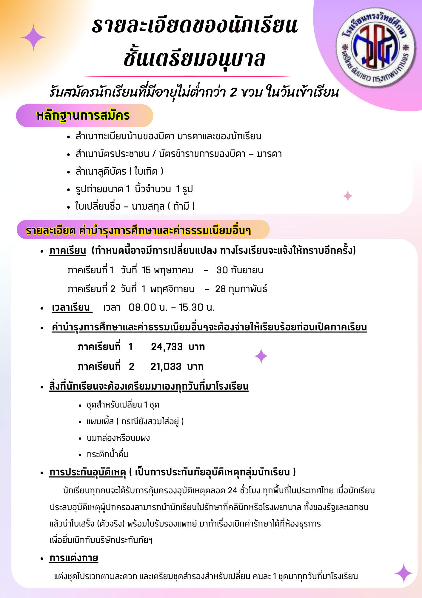 รายละเอียดของนักเรียนชั้นเตรียมอนุบาล – โรงเรียนทรงวิทย์ศึกษา (โปสเตอร์)